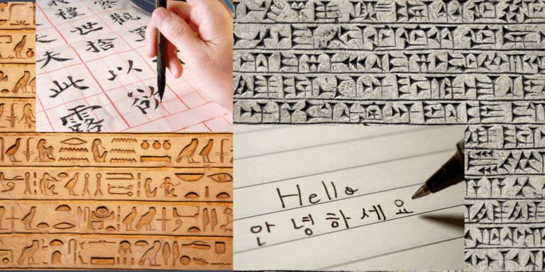 Alphabet - ägyptische Hieroglyphen, Keilschrift, chinesiche Schriftzeichen, lateinisches Alphabet und koreanische Schrift